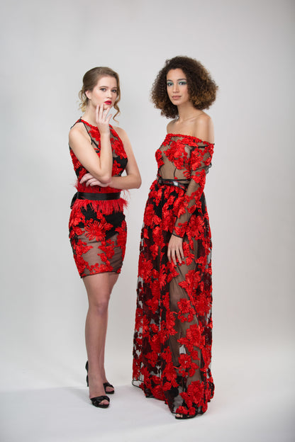 LONG RED BLACK LACE EVENING DRESS