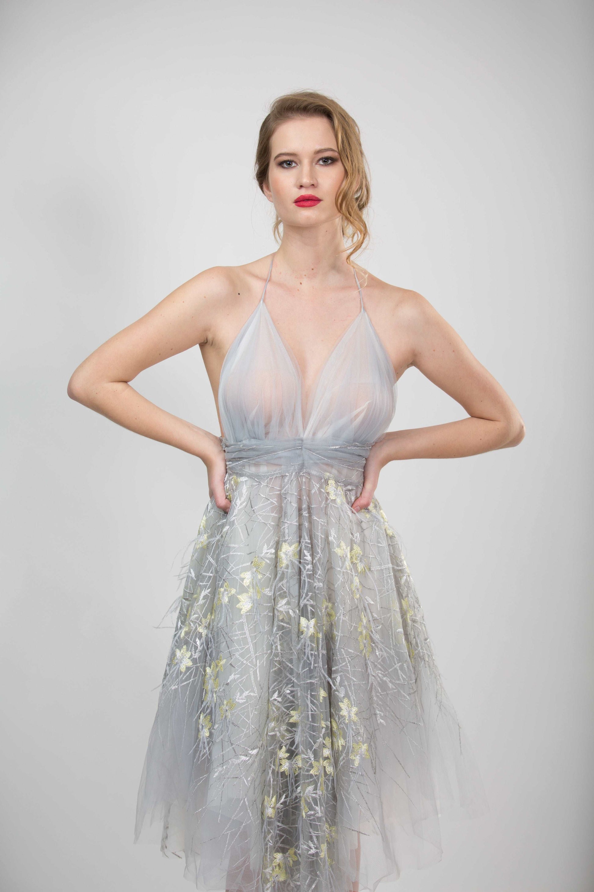 grey bridesmaid dresses yellow flowers Birdy Grey