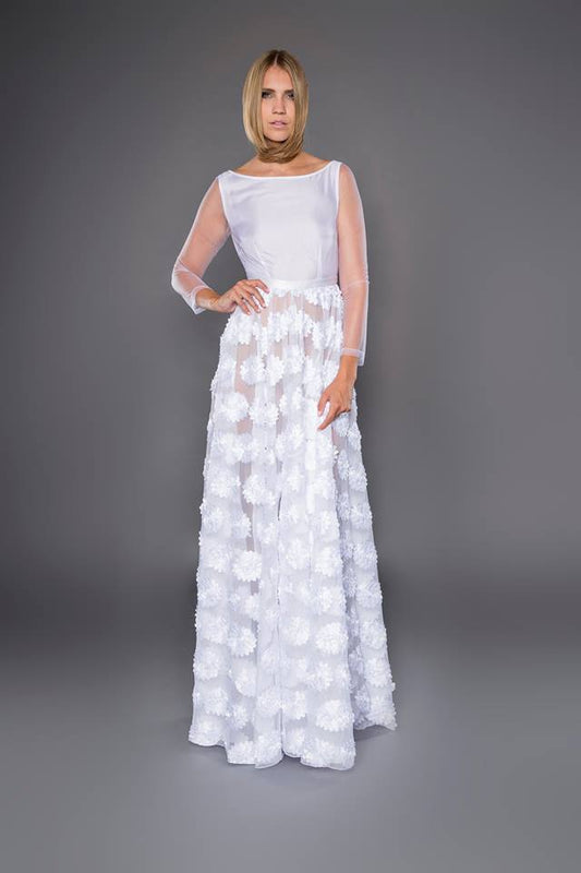 WHITE LACE TULLE EVENING DRESS